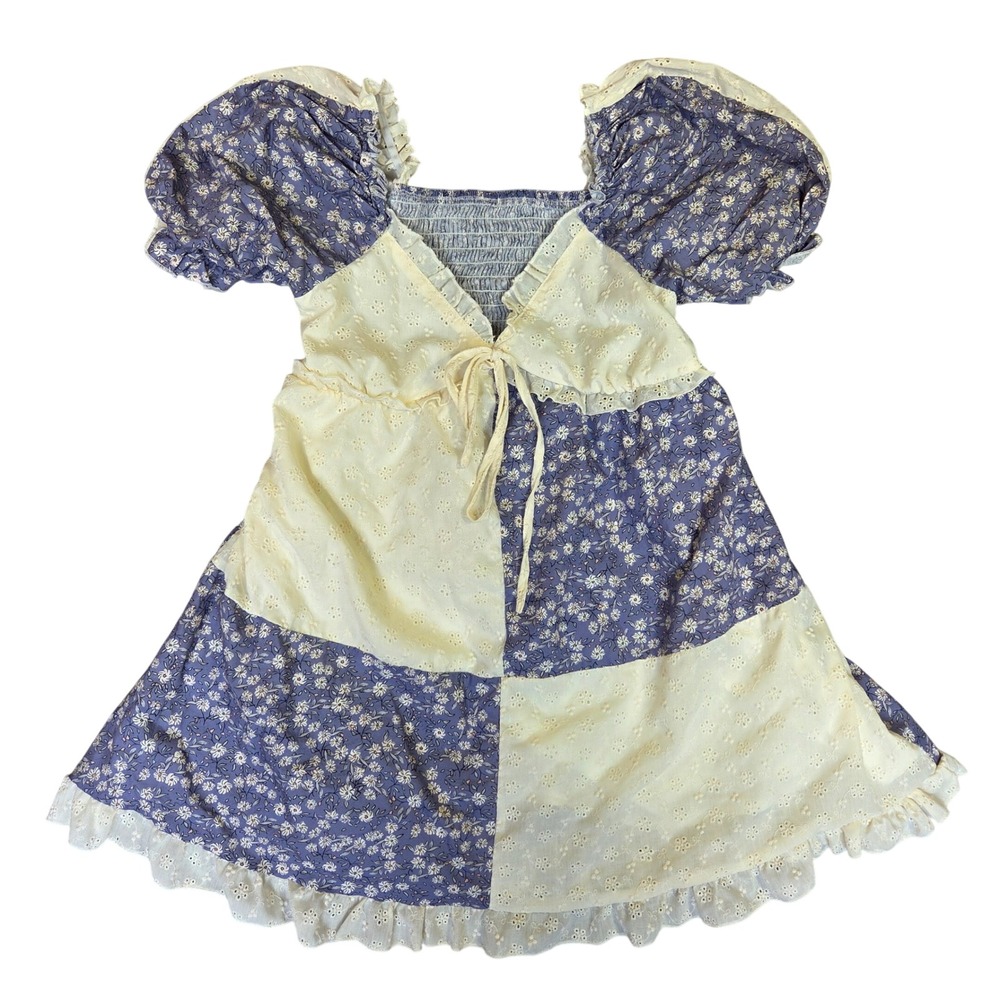 West Fade Purple Floral Boho Patchwork Eyelet Mini Dress Smocked Puff Sleeve S